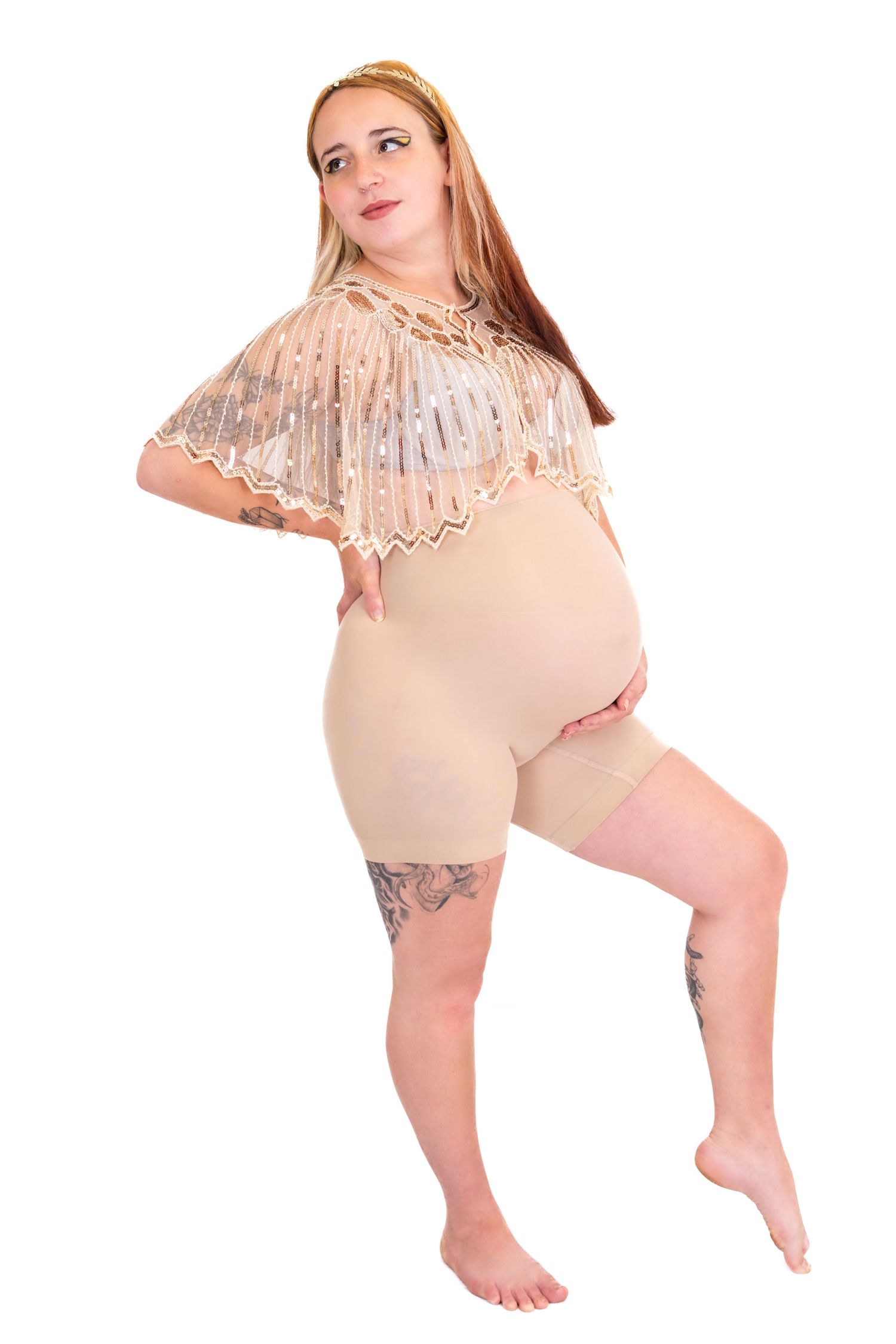 A series of five identical images showing a person wearing a beige outfit in different poses against a white background.
