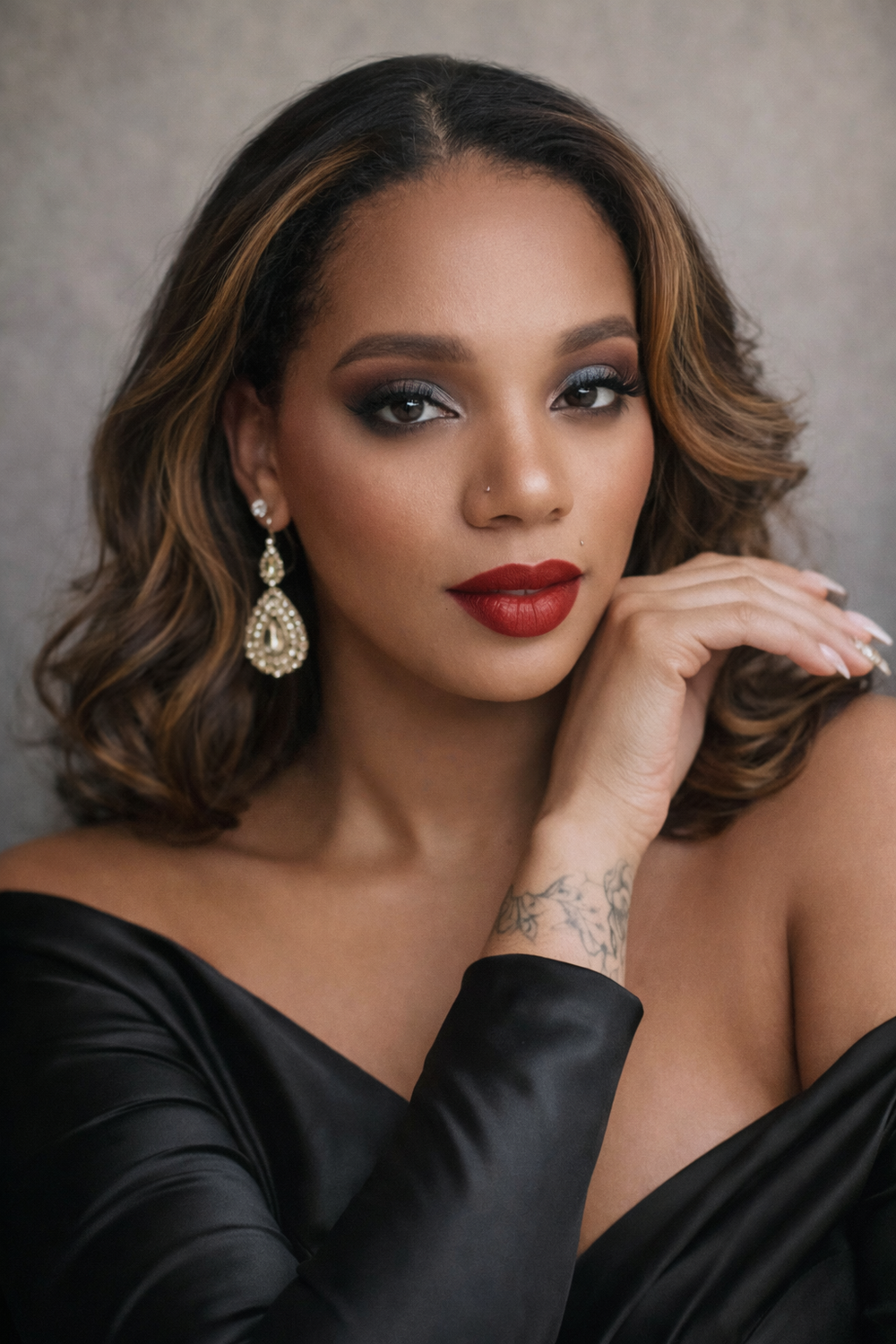 A glamour portrait series showing a woman in a black top with elegant makeup and jewelry against a neutral background.