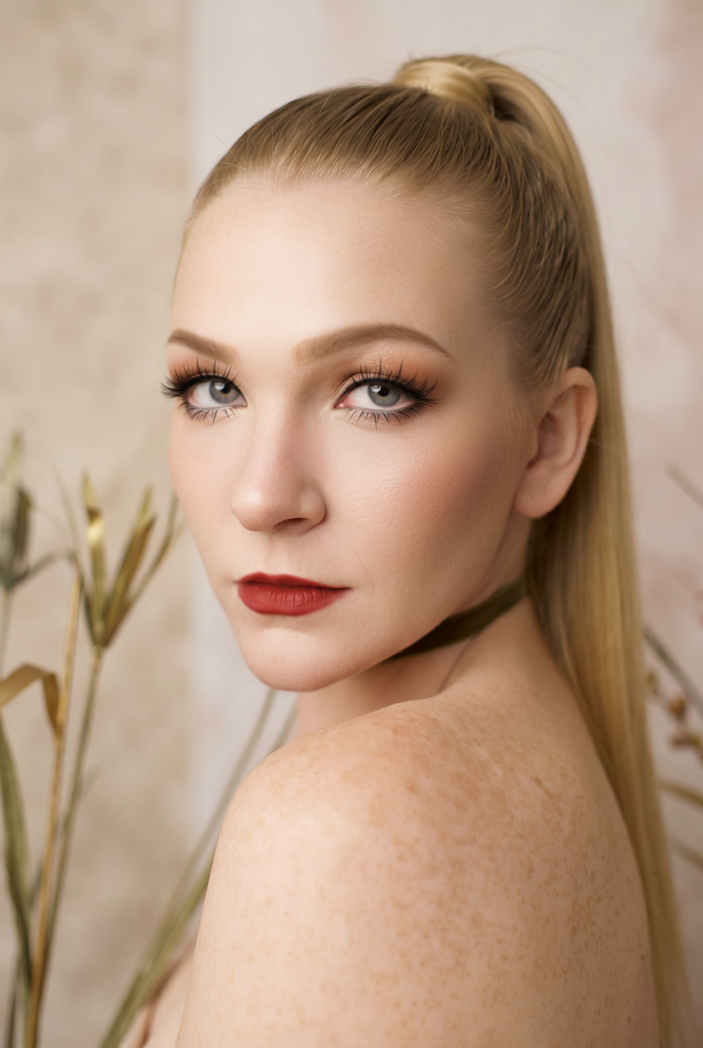 Blonde woman with high ponytail, blue eyes, bold red lips, and elegant makeup poses gracefully against a neutral background.
