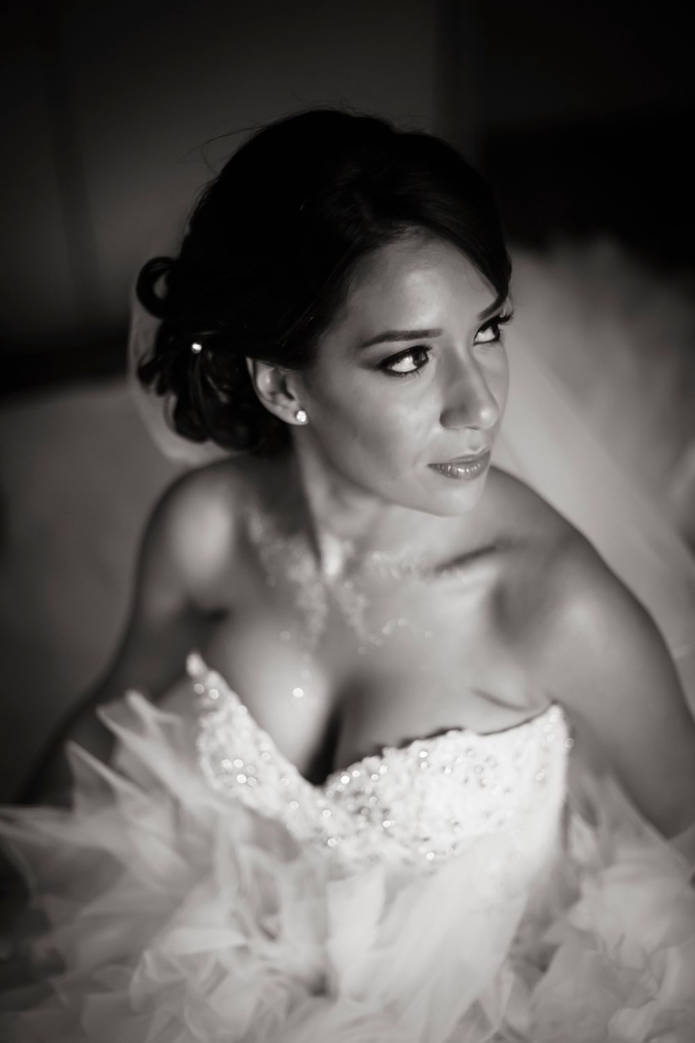 Artistic black and white bridal portrait showing side profile in strapless lace wedding gown.