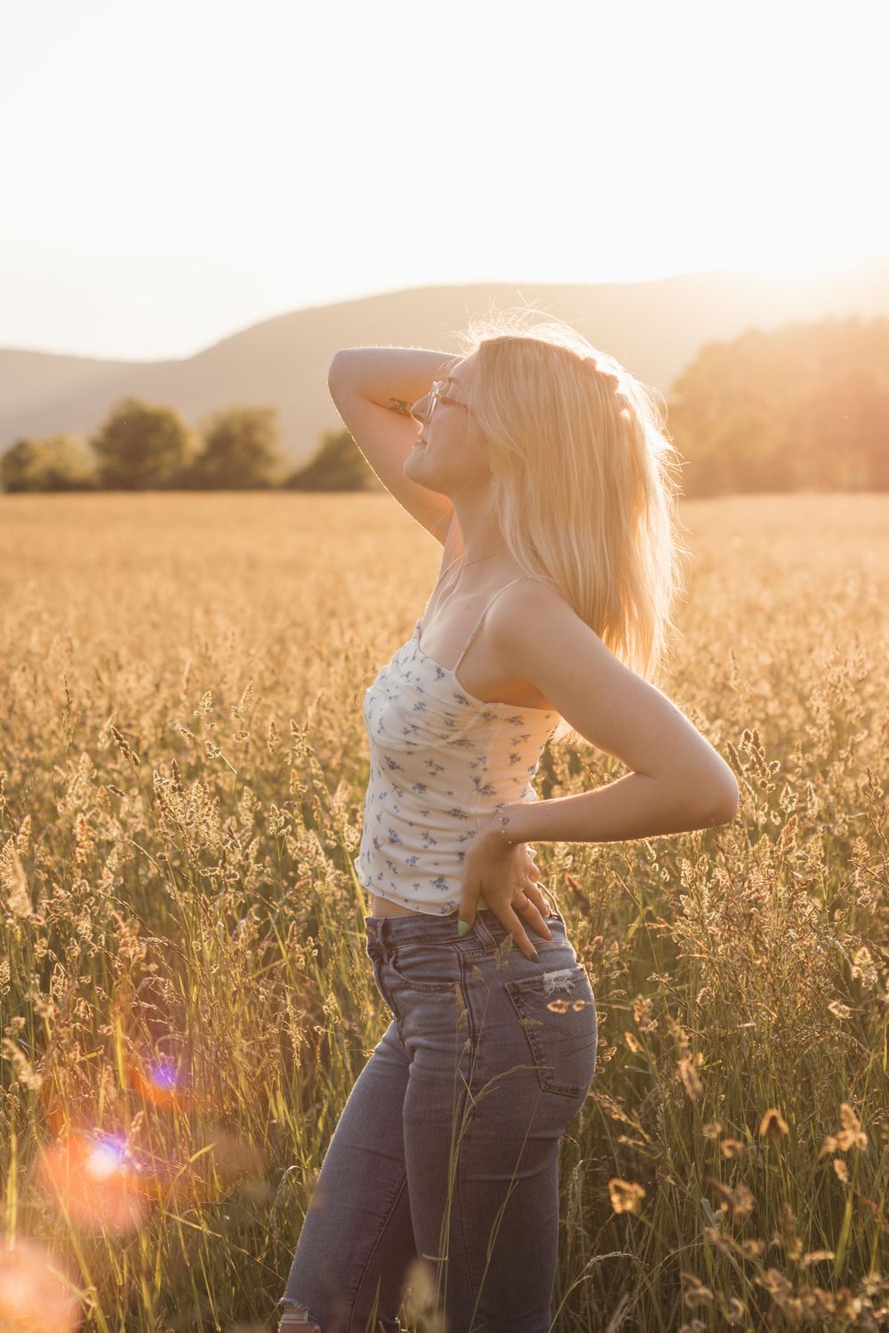 Frolicking in a wildflower field at golden hour sunset