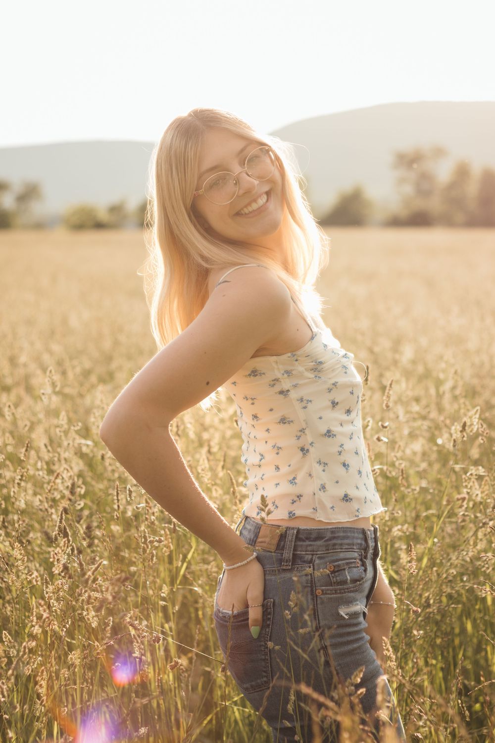 Frolicking in a wildflower field at golden hour sunset