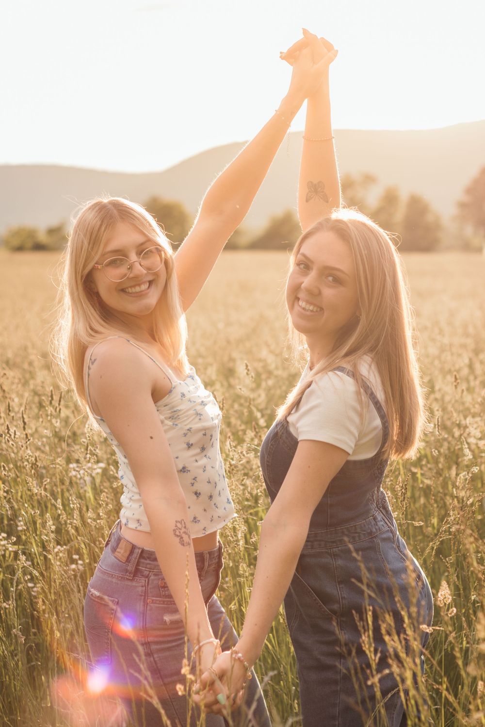 Frolicking in a wildflower field at golden hour sunset