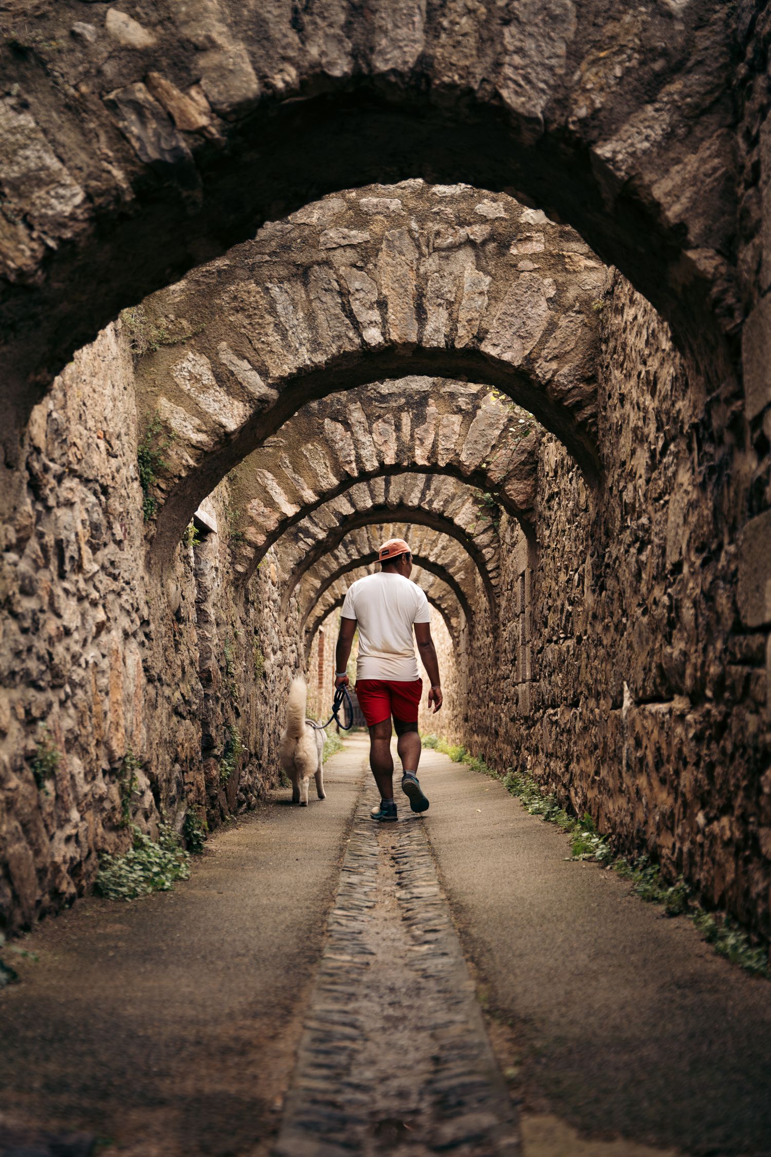 promeneur et son chien dans les vielles ruelles du villefranche-de-conflent