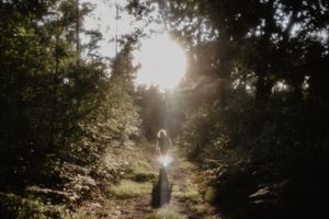 A sunlit forest path with rays of light streaming through trees creating a dreamy, ethereal atmosphere.