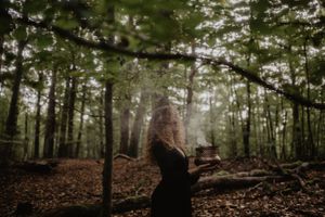Silhouetted figure standing in misty forest with dramatic lighting.