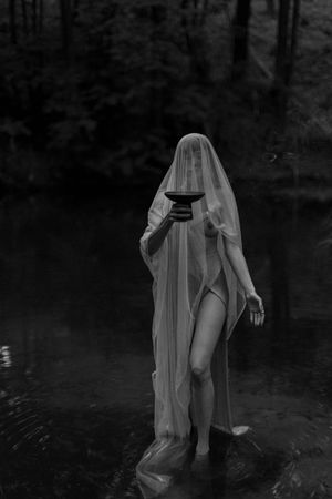 Dramatic black and white photo of veiled figure standing in water holding goblet.