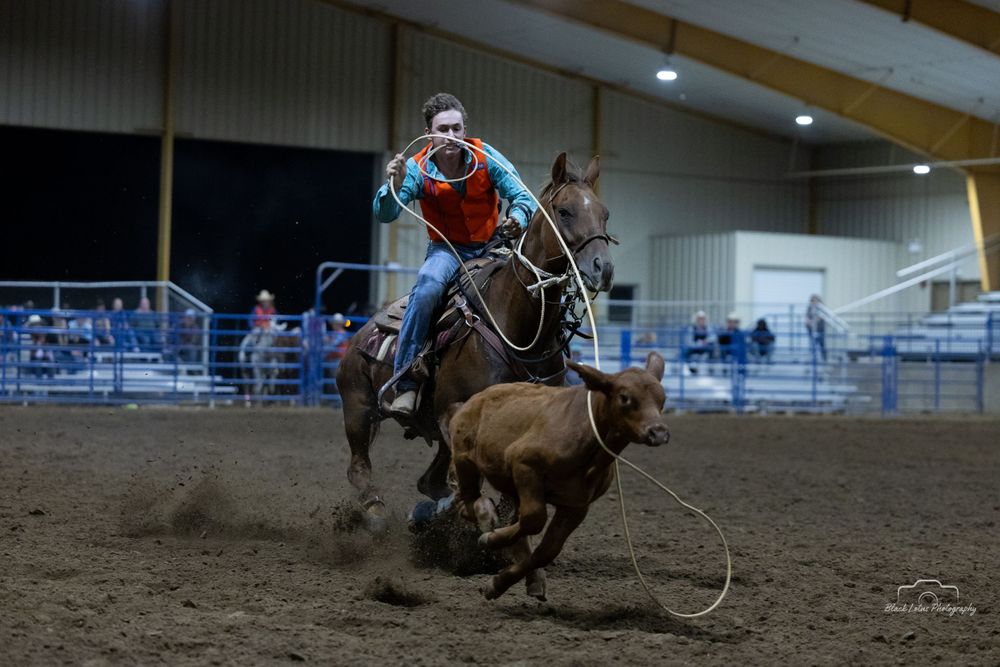 A skilled rider competes in a rodeo calf roping event inside a dirt arena.
