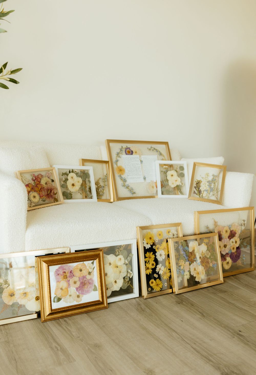 Collection of gold-framed pressed flower artwork leaning against white sofa and floor in bright room.