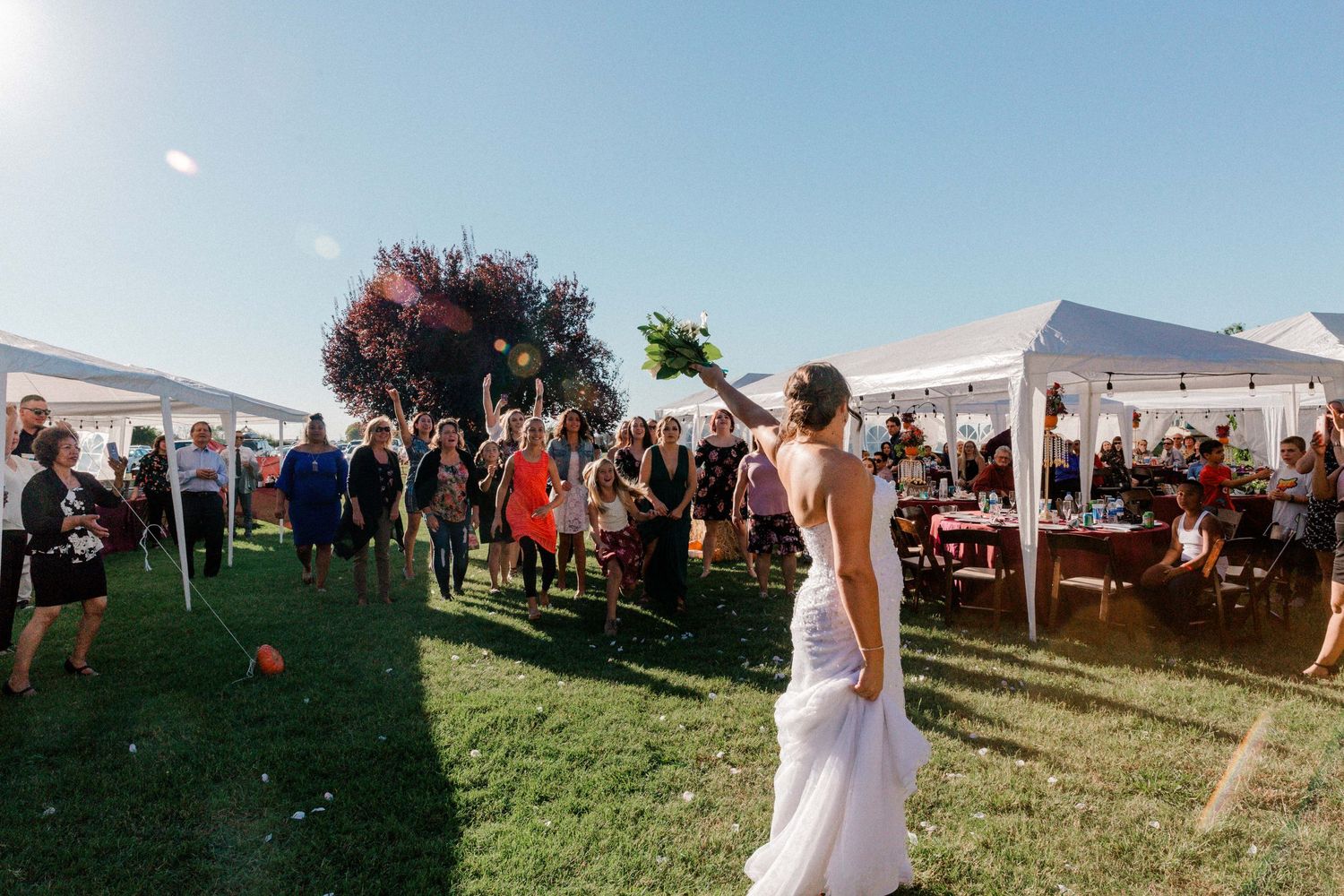 An outdoor wedding reception with guests gathered under white tents on a sunny day.