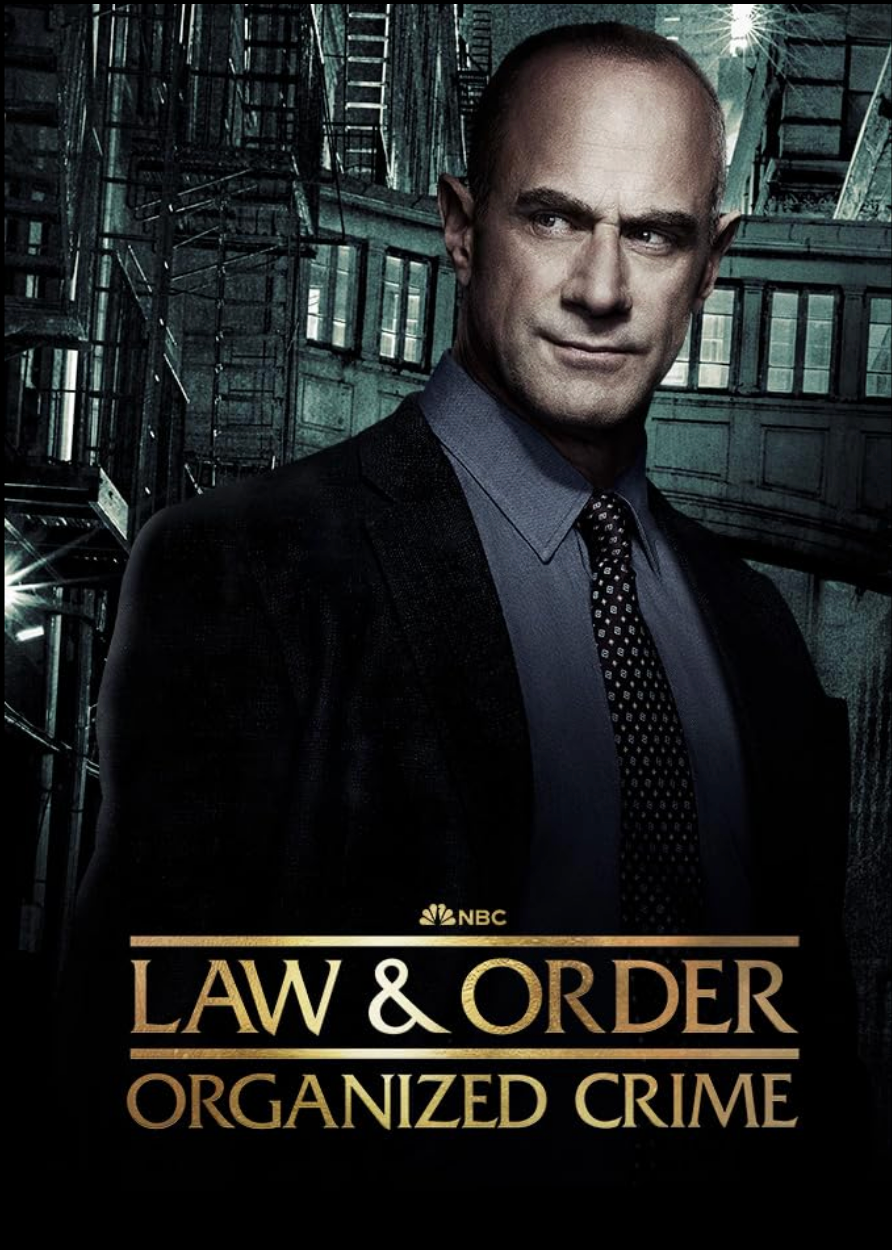 Dark promotional banner for Law & Order: Organized Crime series with dramatic lighting.