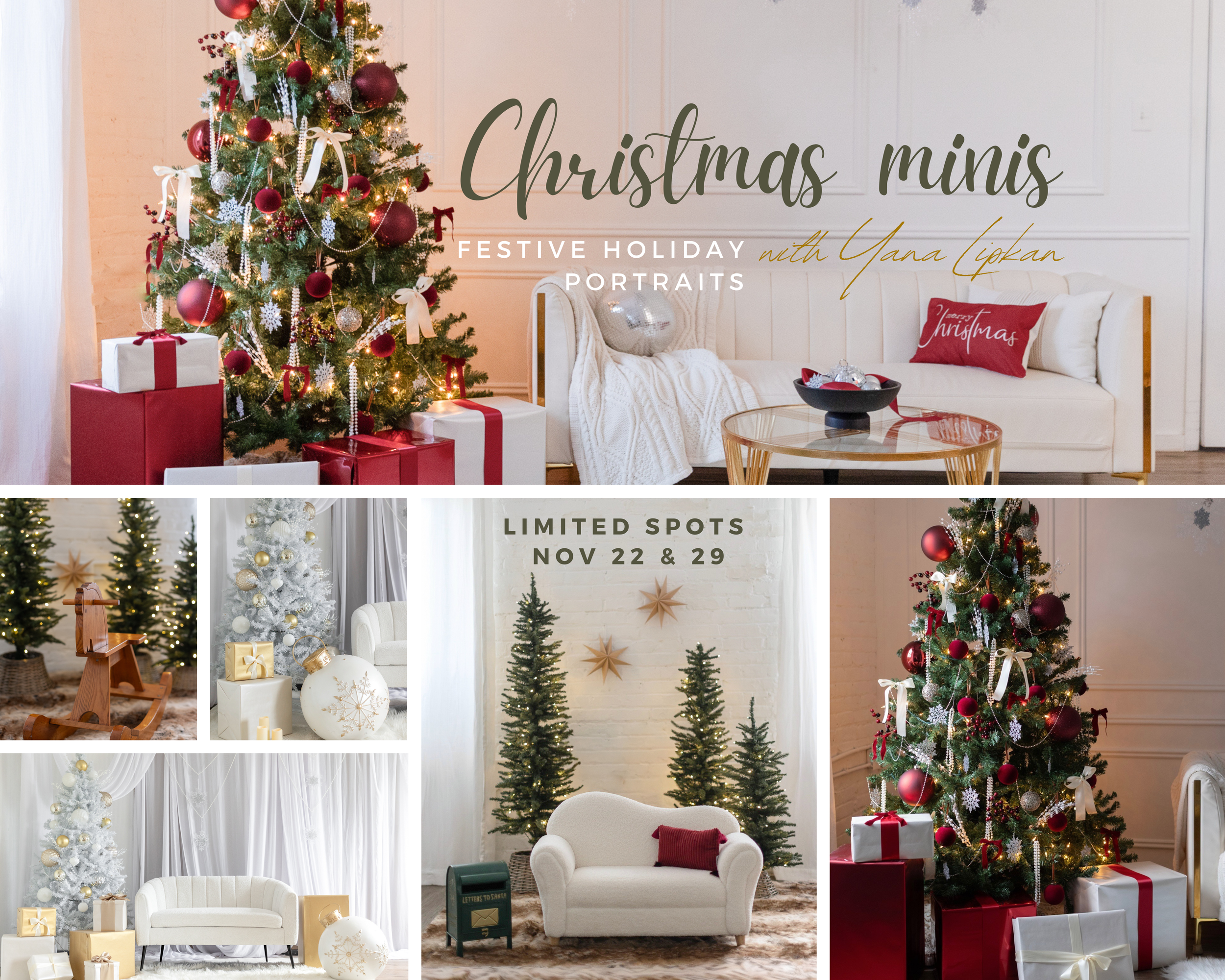 Elegant white and gold Christmas decor inspiration with flocked trees and neutral tones.