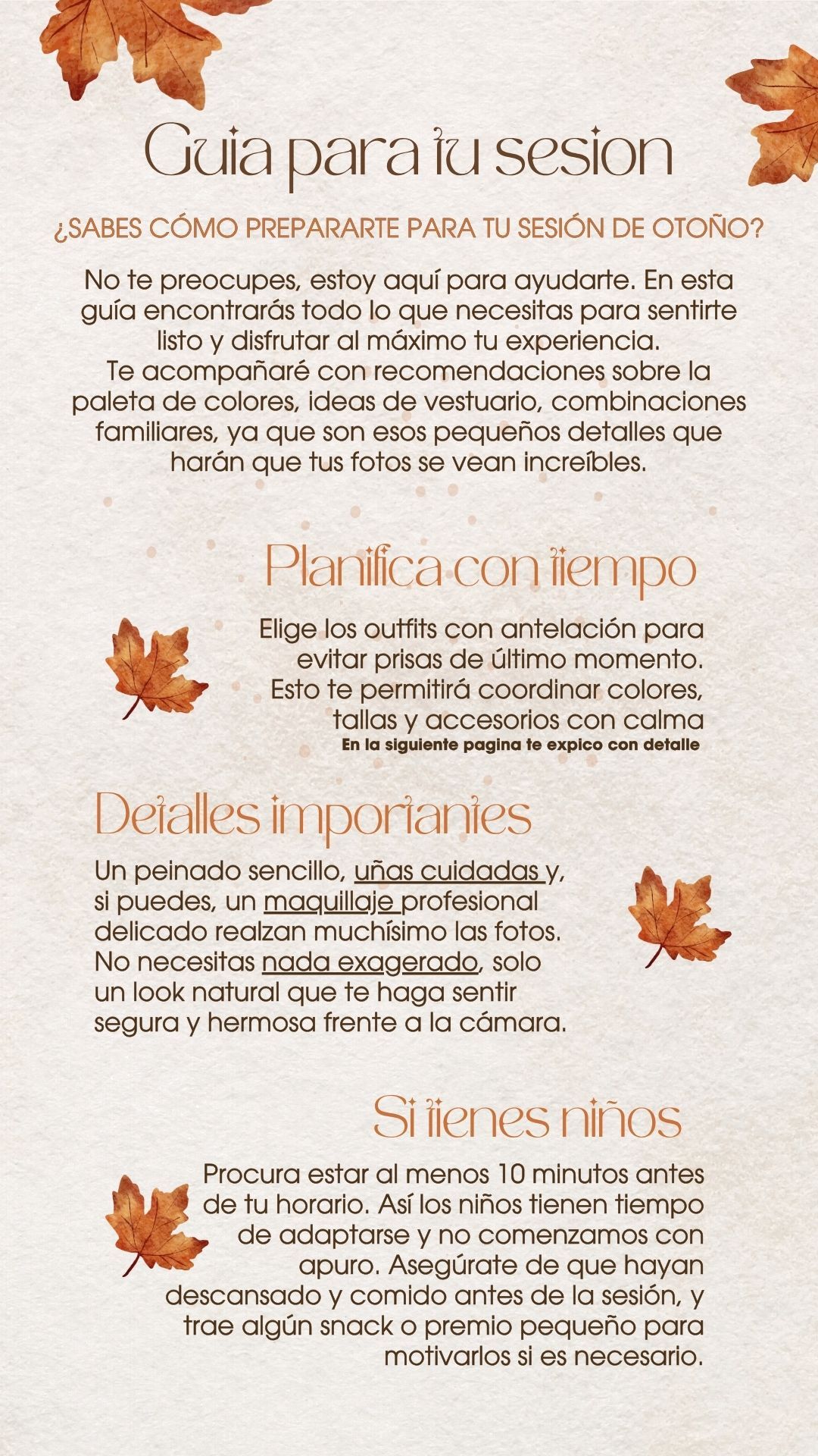 Photography session planning guide in Spanish with brown maple leaf decorative elements.