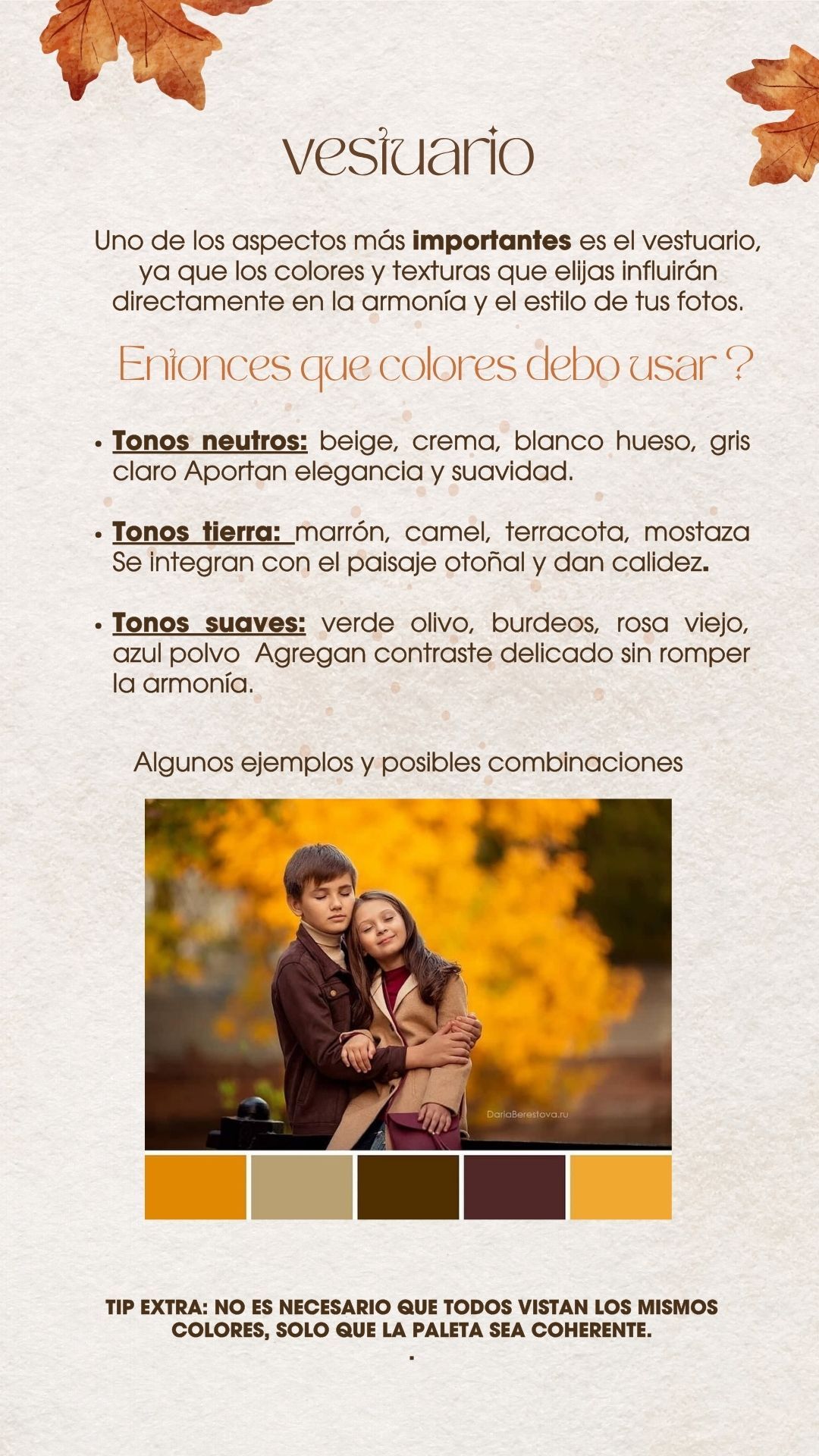 Color palette guide showing autumn fashion tones with neutral beige, brown and olive green swatches against fall foliage.