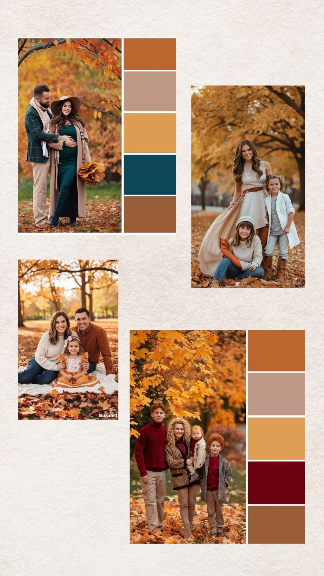 Family photo session in autumn park with golden foliage and coordinated outfits in warm earth tones.