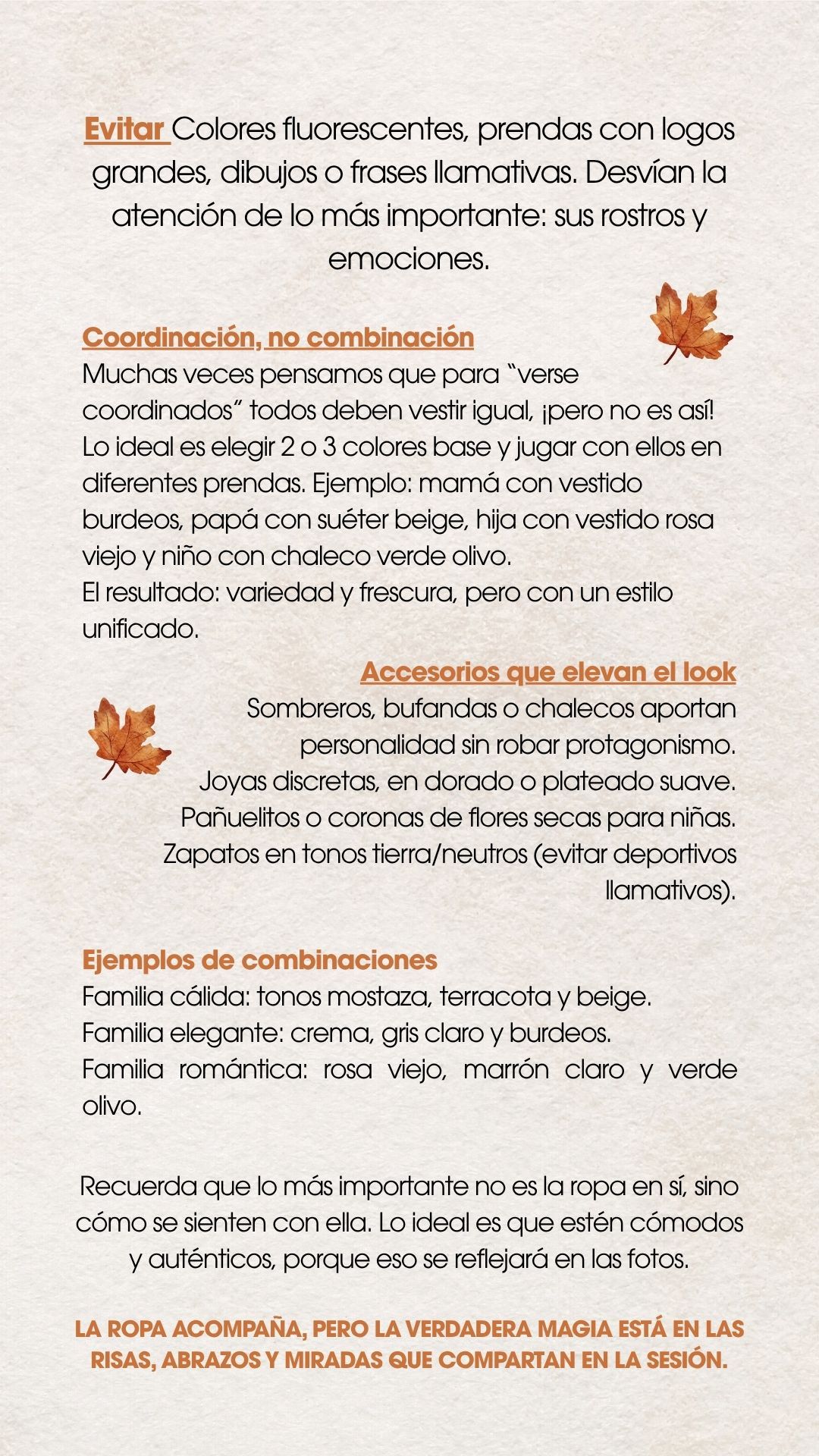 Spanish text document showing photography tips and guidelines with orange autumn leaf decorations.