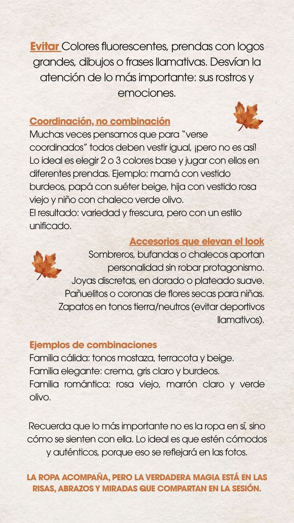 Spanish text document showing photography tips and guidelines with orange autumn leaf decorations.