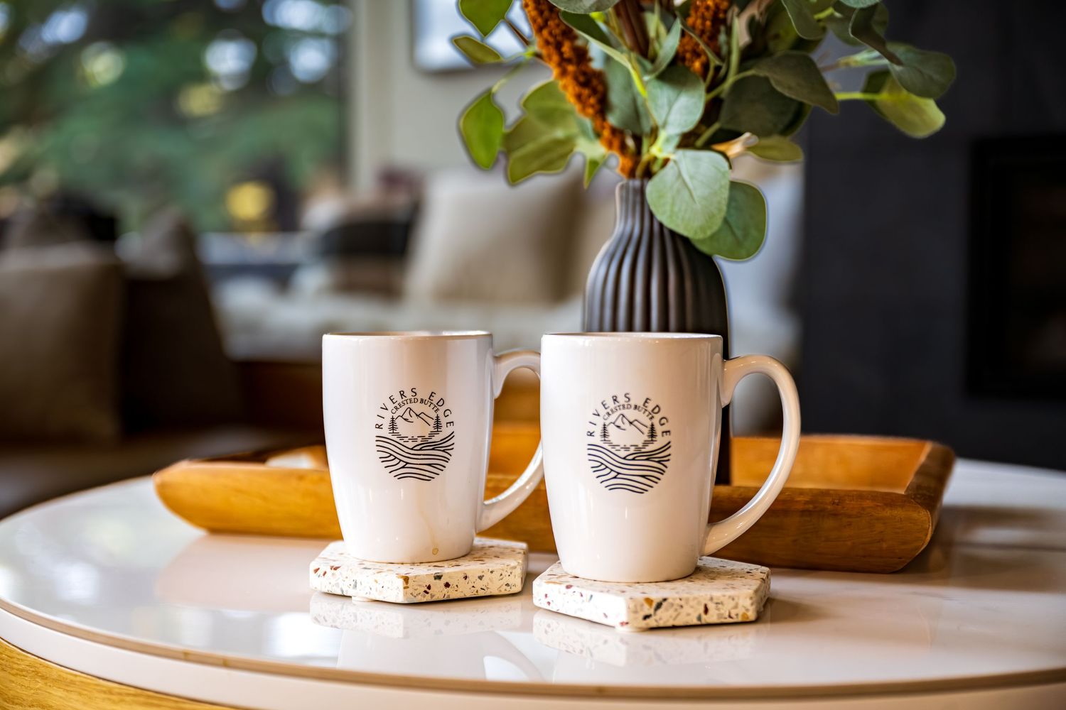 Lifestyle photo of coffee mugs at a cabin in Crested Butte, CO by Hospitality, Travel & Tourism photographer Captain Colorado Photography.