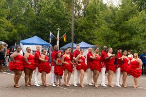 Group of dancers in matching red costumes pose together at an outdoor festival.