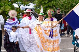 Dancers in colorful traditional folk costumes perform in a line during an outdoor cultural festival.