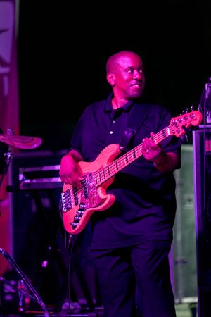 Bass guitarist performs on stage illuminated by vibrant purple and pink lighting during a concert performance.