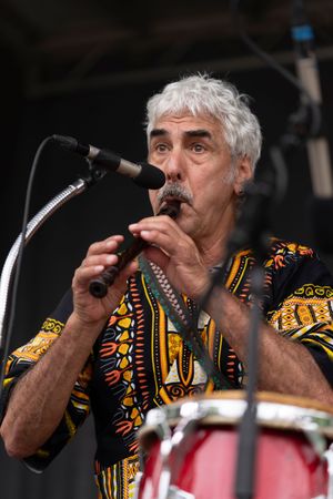 Musician in patterned traditional clothing performs passionately on stage at a cultural festival.