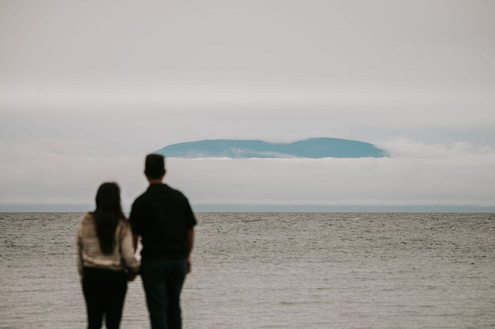 Professional Photographer Engagement Photoshoot at Neck Point Park, Nanaimo, Vancouver Island of couple looking at mountains across ocean