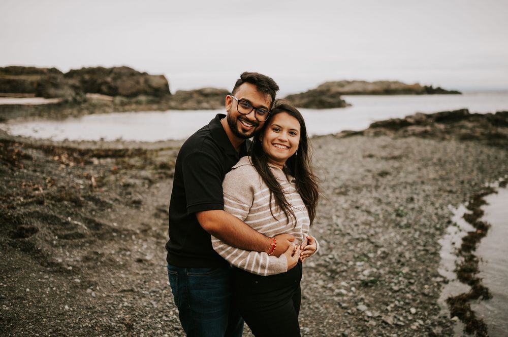 Professional Photographer Engagement Photoshoot at Neck Point Park, Nanaimo, Vancouver Island of couple smiling at the camera
