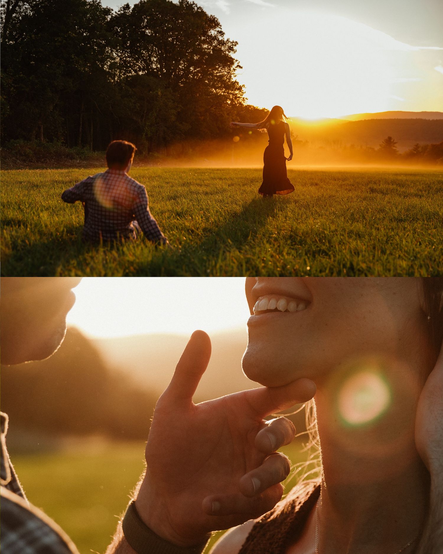 Silhouettes of people enjoying a golden sunset in a grassy meadow with lens flare effects.