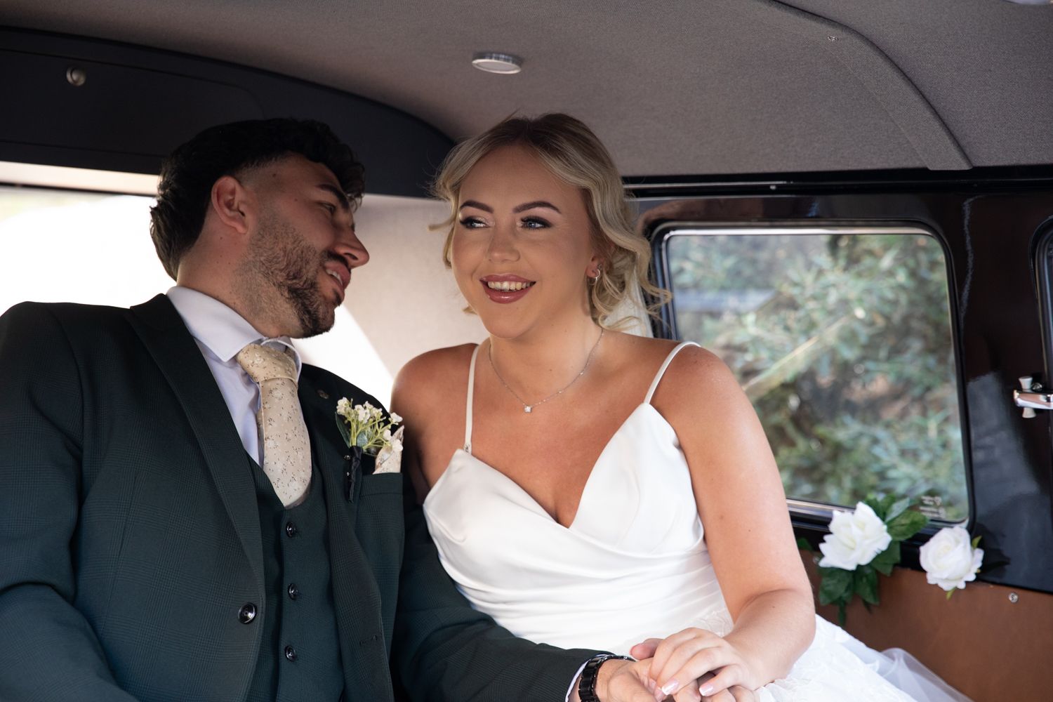 A series of wedding photos showing tender moments between a couple in formal attire on their special day.
