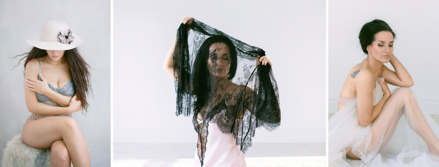 Three artistic studio portraits featuring ethereal poses and delicate fabric elements in soft, minimalist settings.