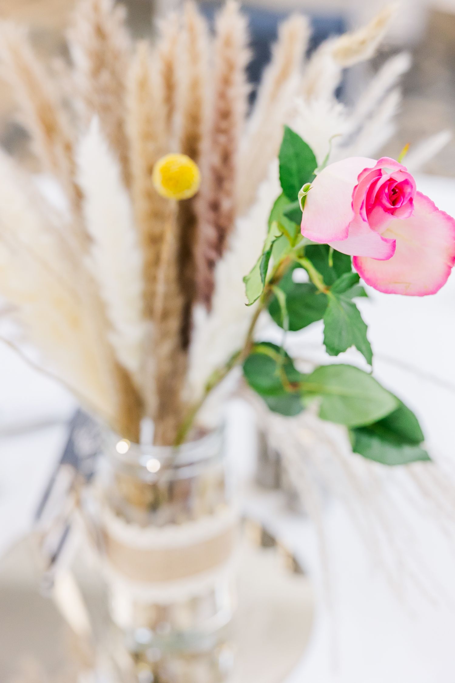 Delicate pink roses in clear glass vases arranged in a soft, romantic setting with blurred background.