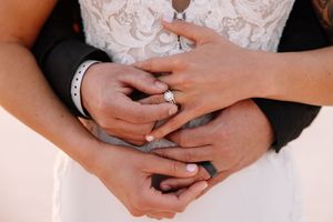 Close-up of hands with wedding rings intertwined showing love and commitment.