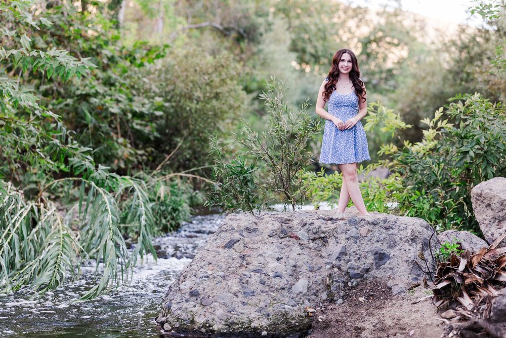A dreamy outdoor portrait on a rock by a stream surrounded by lush greenery.