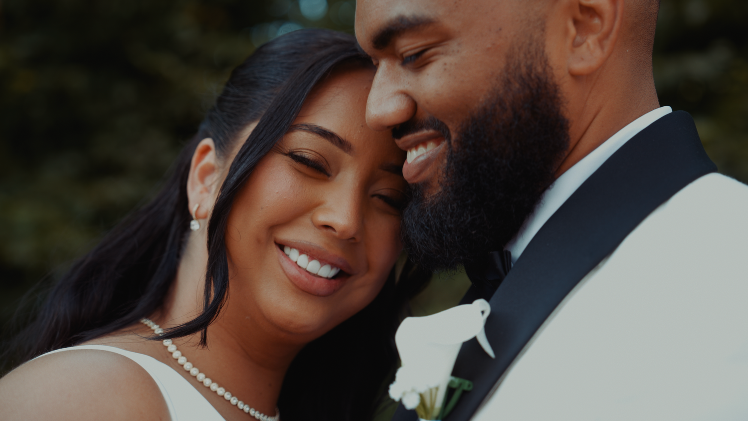 A collection of romantic wedding photos showing intimate moments between a bride and groom in formal attire.