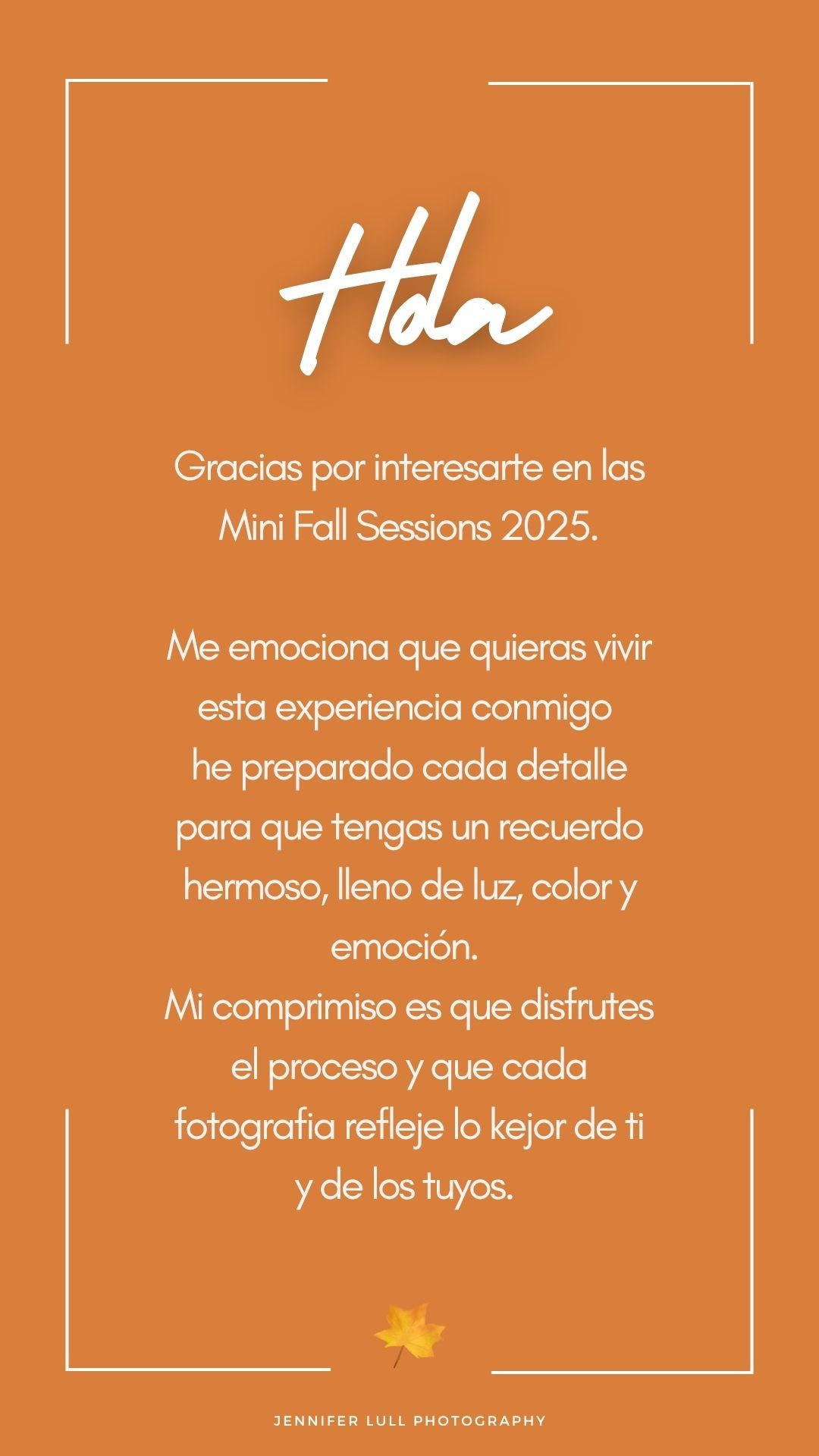 Orange social media carousel slides with white text boxes containing Spanish photography business quotes and messages.