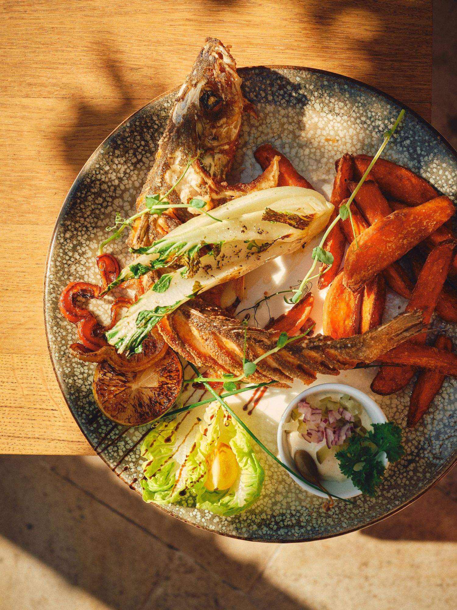Gourmet seafood platter with grilled fish, sweet potato fries, lettuce and dipping sauce on speckled ceramic plate.