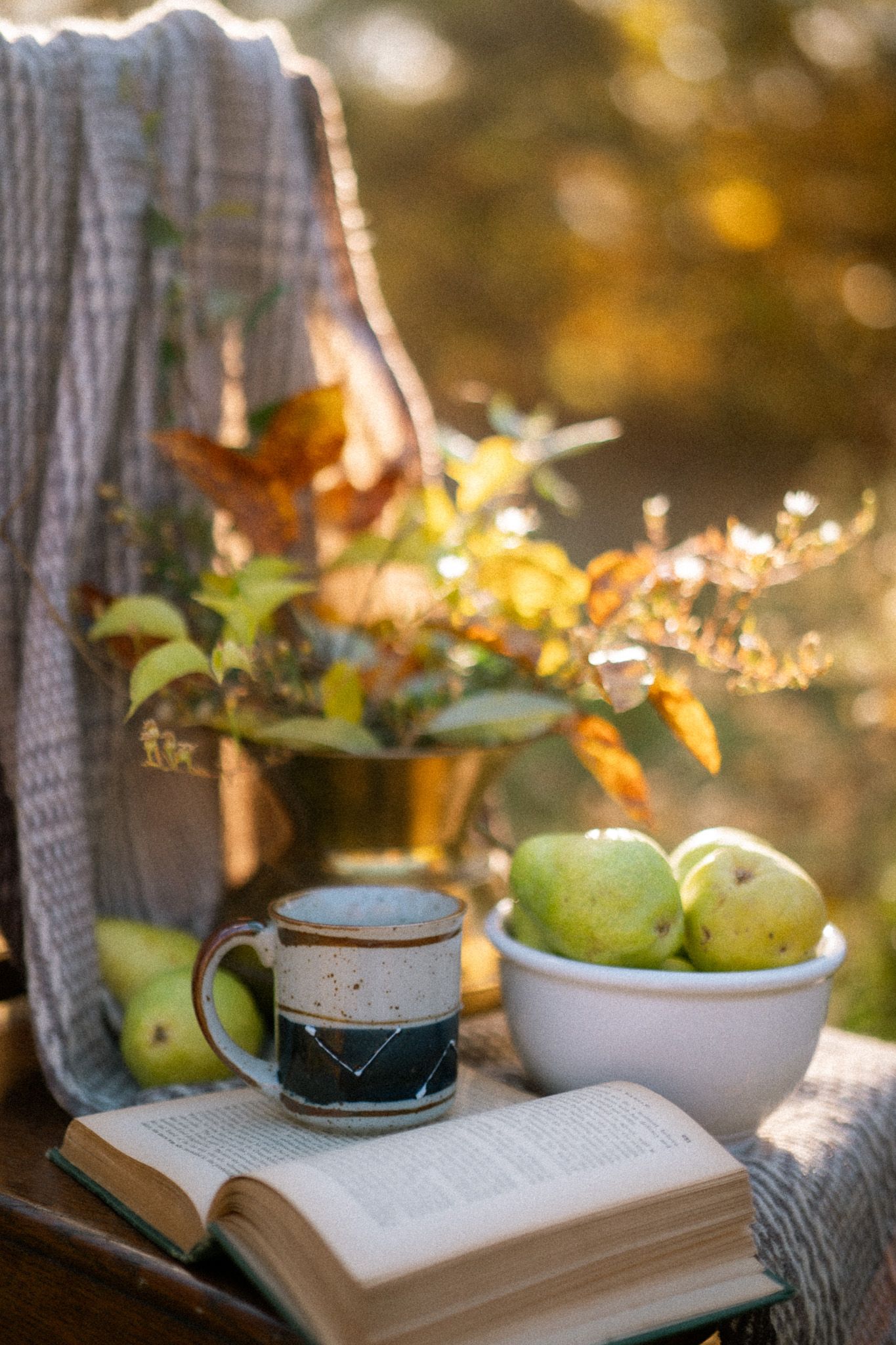 A cozy autumn scene with an open book, green pears in a white bowl, and a coffee cup on a rustic wooden surface.