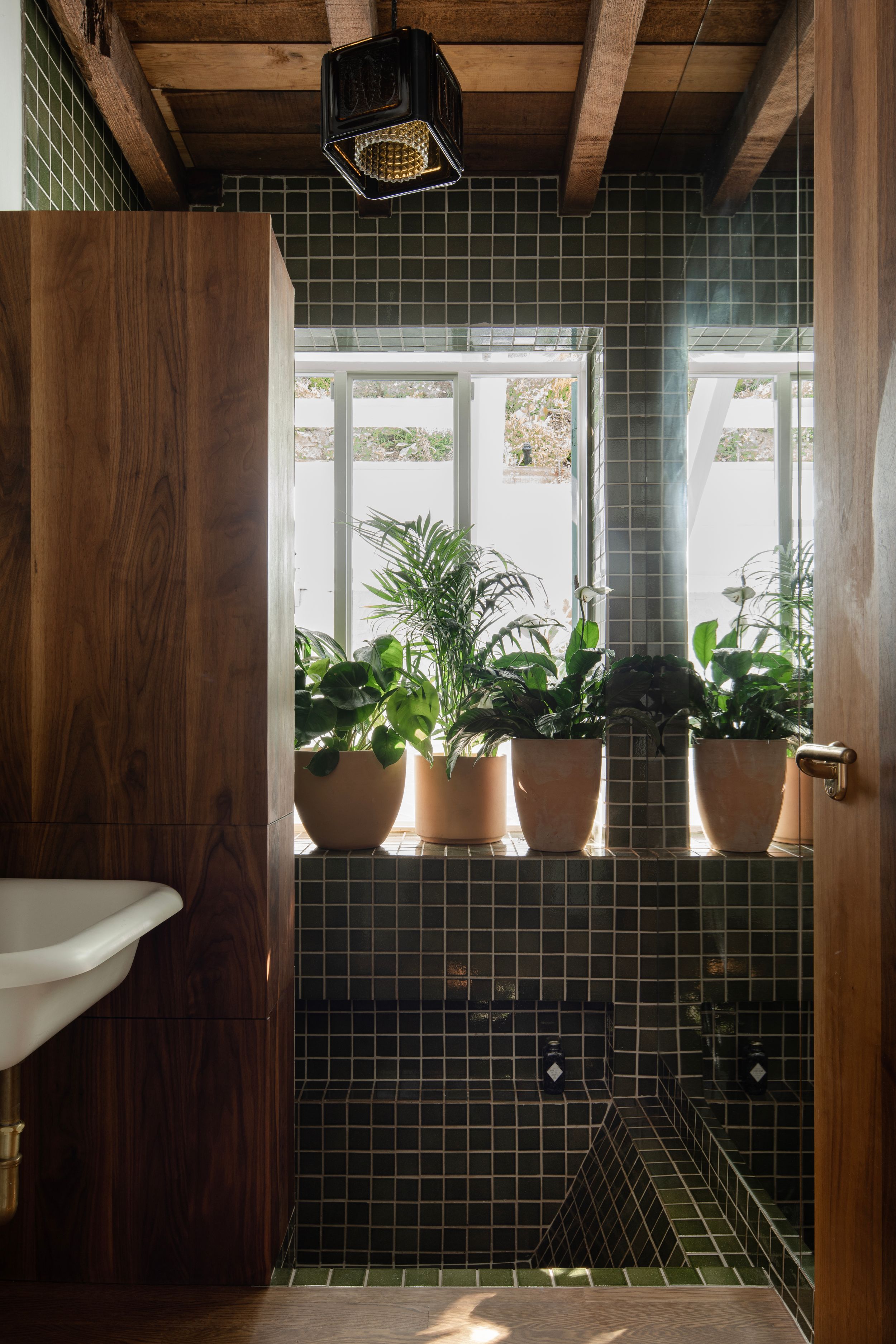 Sleek bathroom with dark green tile, wooden accents, and potted plants along a sunlit windowsill.