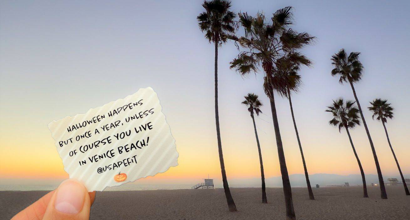 Tall palm trees silhouetted against a vibrant sunset sky with orange and purple hues over the beach.