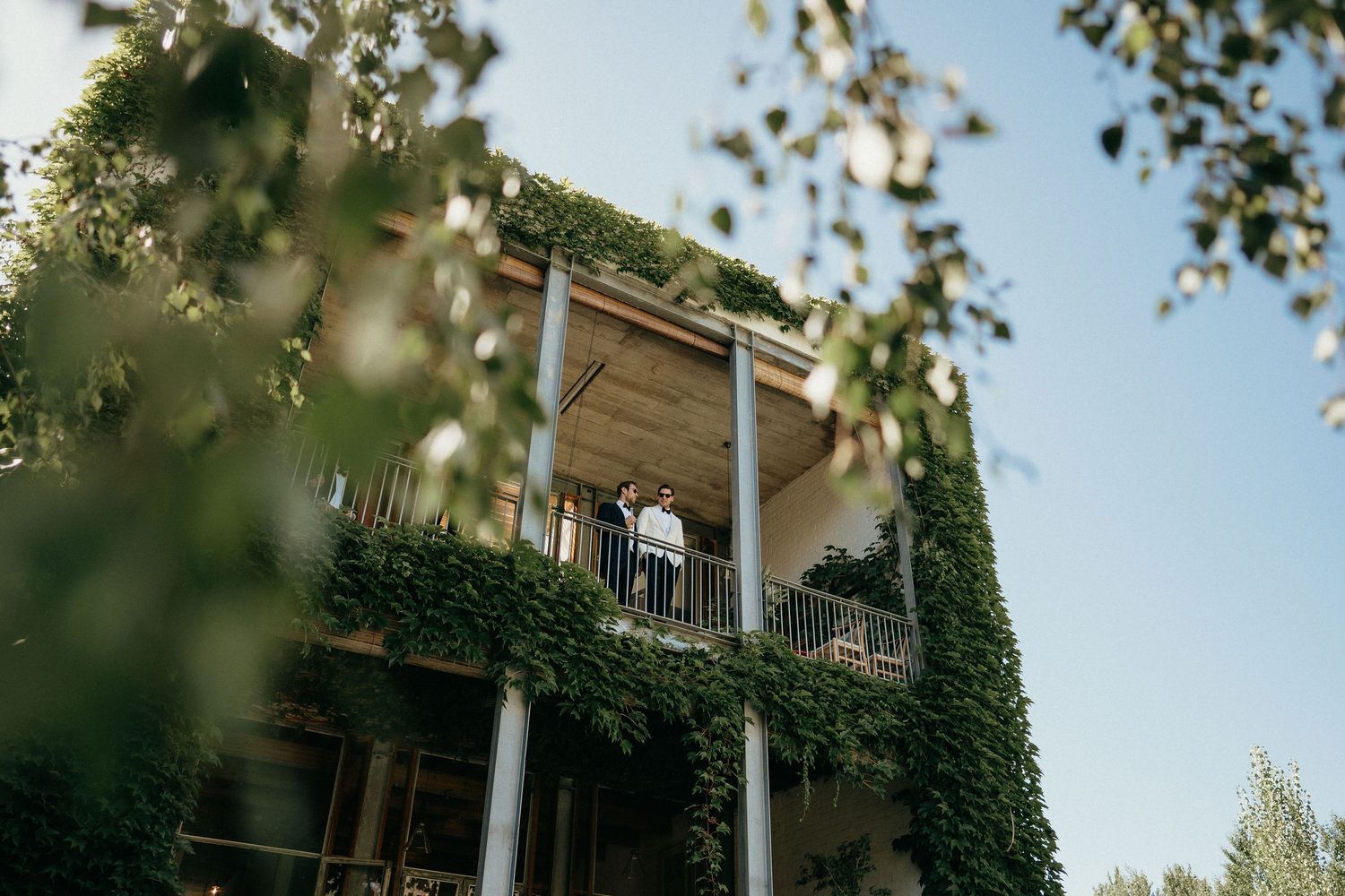 A modern house with white exterior and green ivy growing on the walls features a wrap-around porch and large windows.