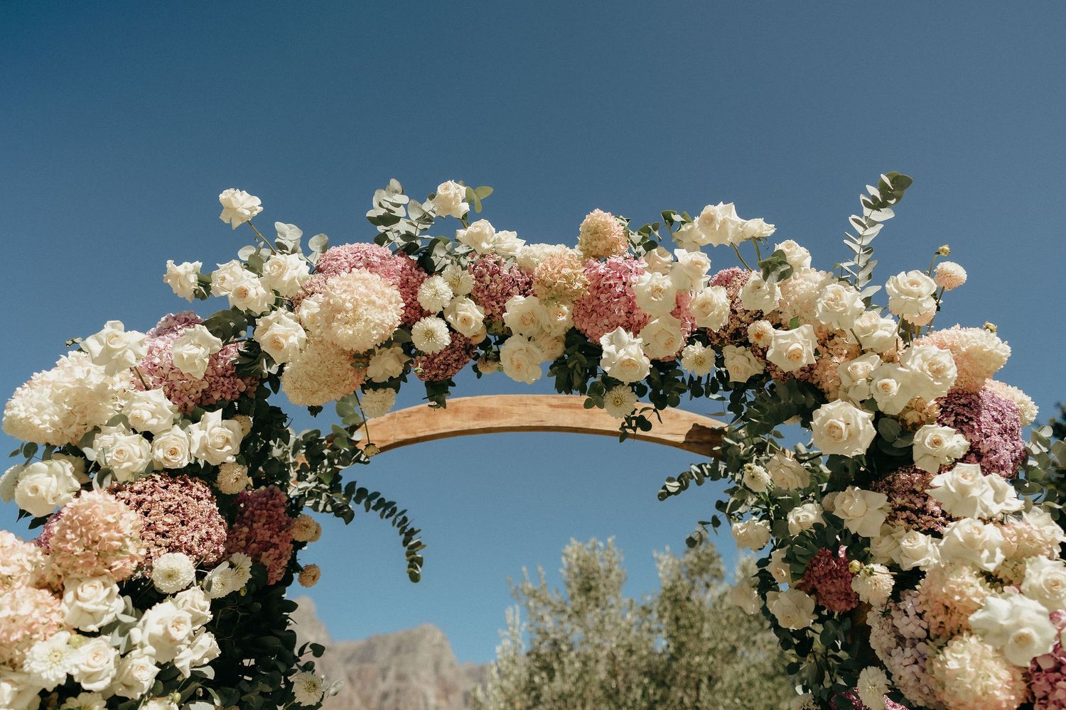 Romantic floral arch with white and blush roses against a bright blue sky backdrop.