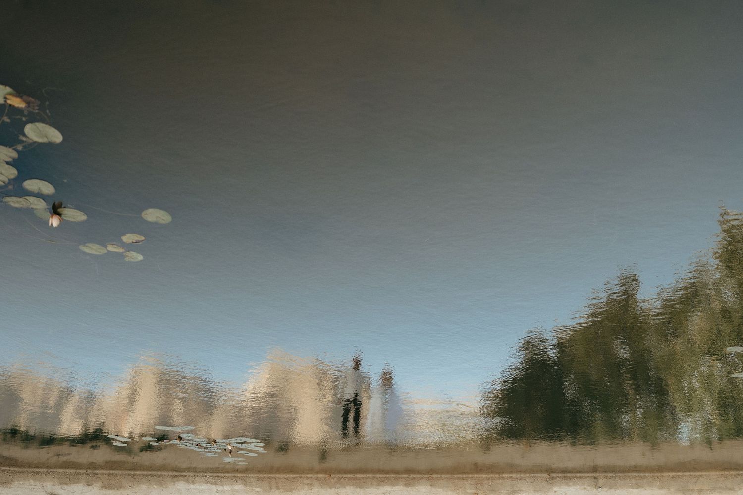 Reflection in water shows a silhouetted figure standing near trees under a cloudy sky.