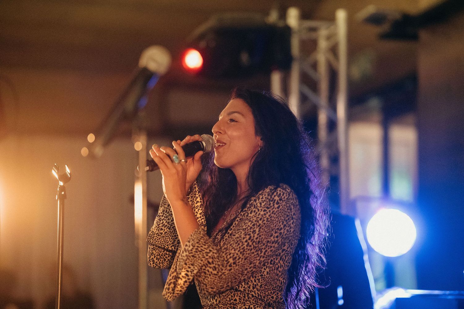 A singer performs passionately on stage under dramatic lighting during a live concert performance.
