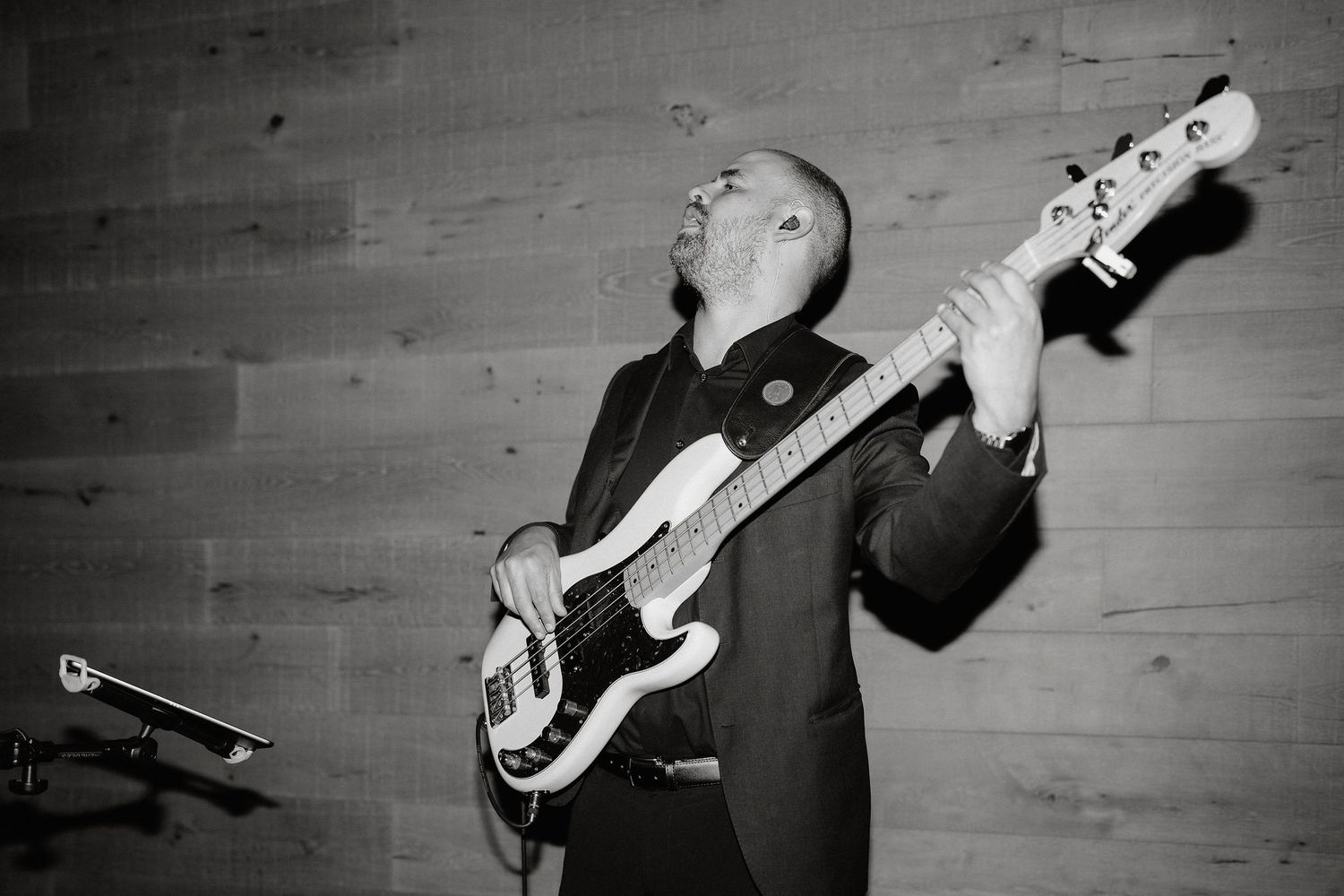 Black and white photo series showing close-up details of musicians playing electric bass guitars on stage.