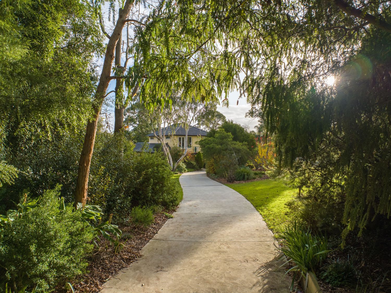 Winding concrete driveway through lush established garden leading to charming stone country home.