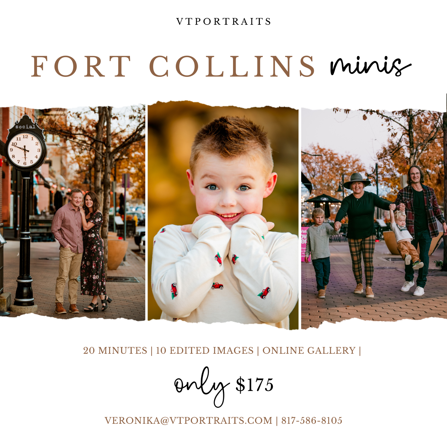 A collage of outdoor family photography sessions showing intimate moments between parents and children in natural settings.