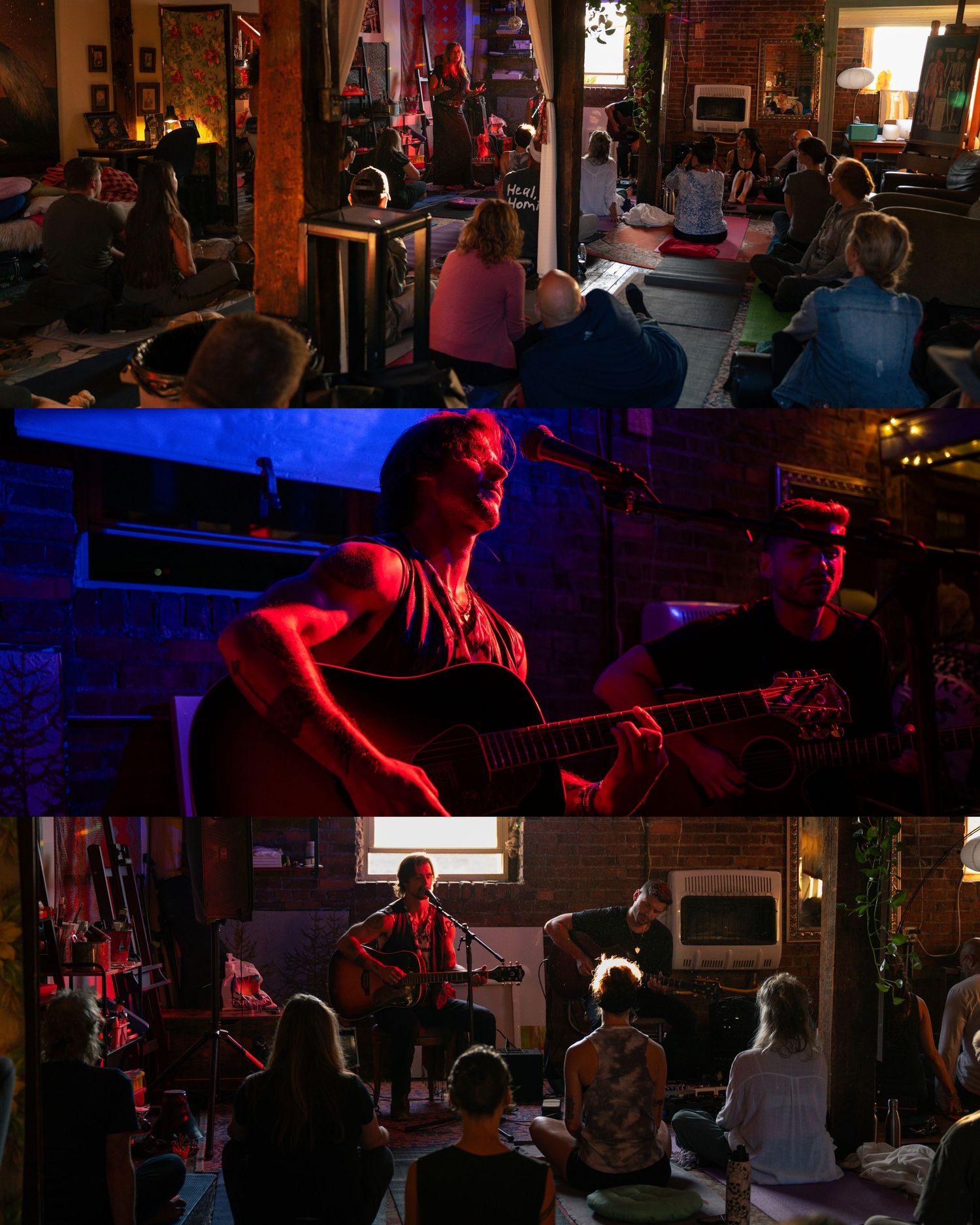 Musicians perform on stage in a dimly lit bar with red and blue lighting creating an atmospheric ambiance.