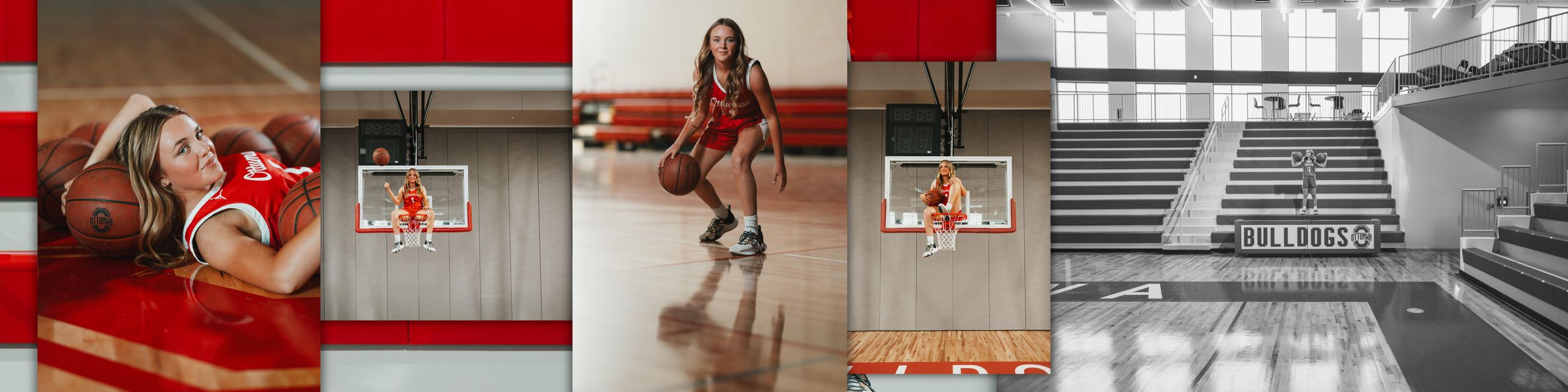 A collage of basketball court images showing gym interiors, athletic equipment and red design elements.