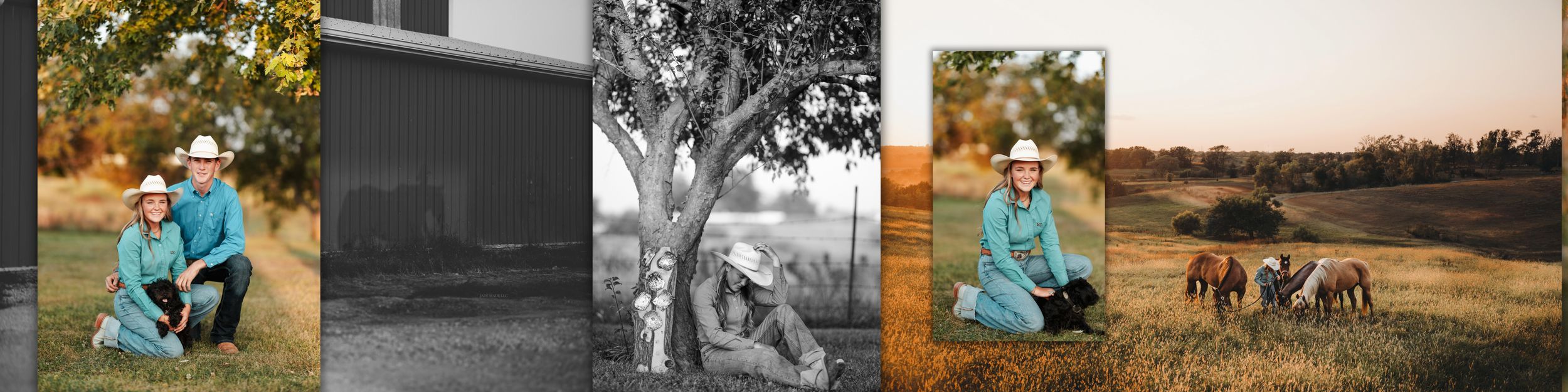 A series of outdoor portrait photos arranged in a filmstrip-style collage with warm autumn colors and natural settings.
